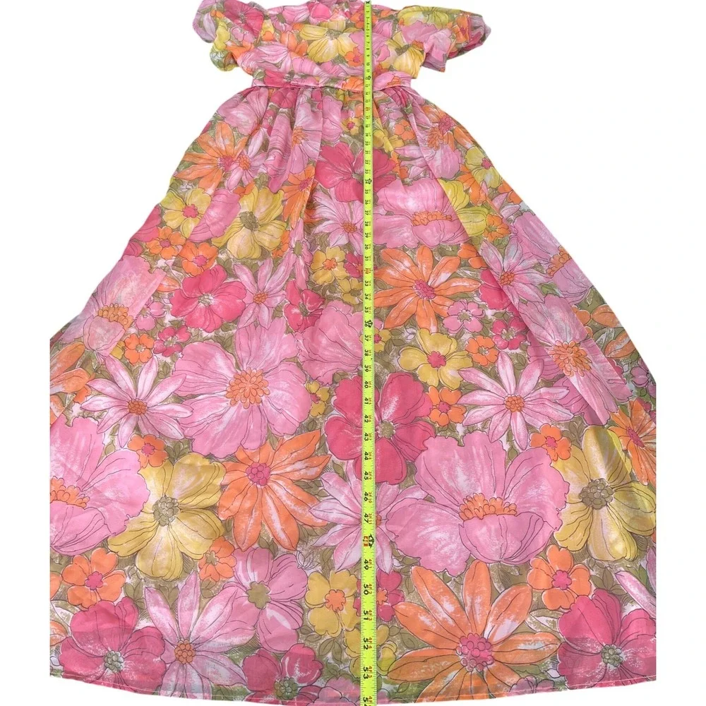 Vintage 60's  Floral Maxi Dress Pink Orange Yellow Puff Sleeve‎ Boho Mod Garden - Picture 8 of 10